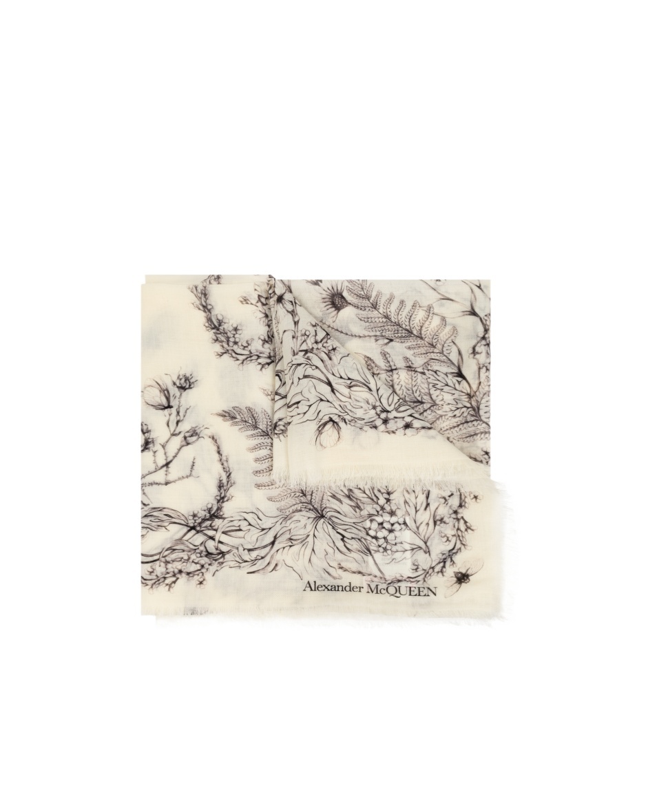 Alexander Mcqueen Floral-print Wool Scarf In Nude