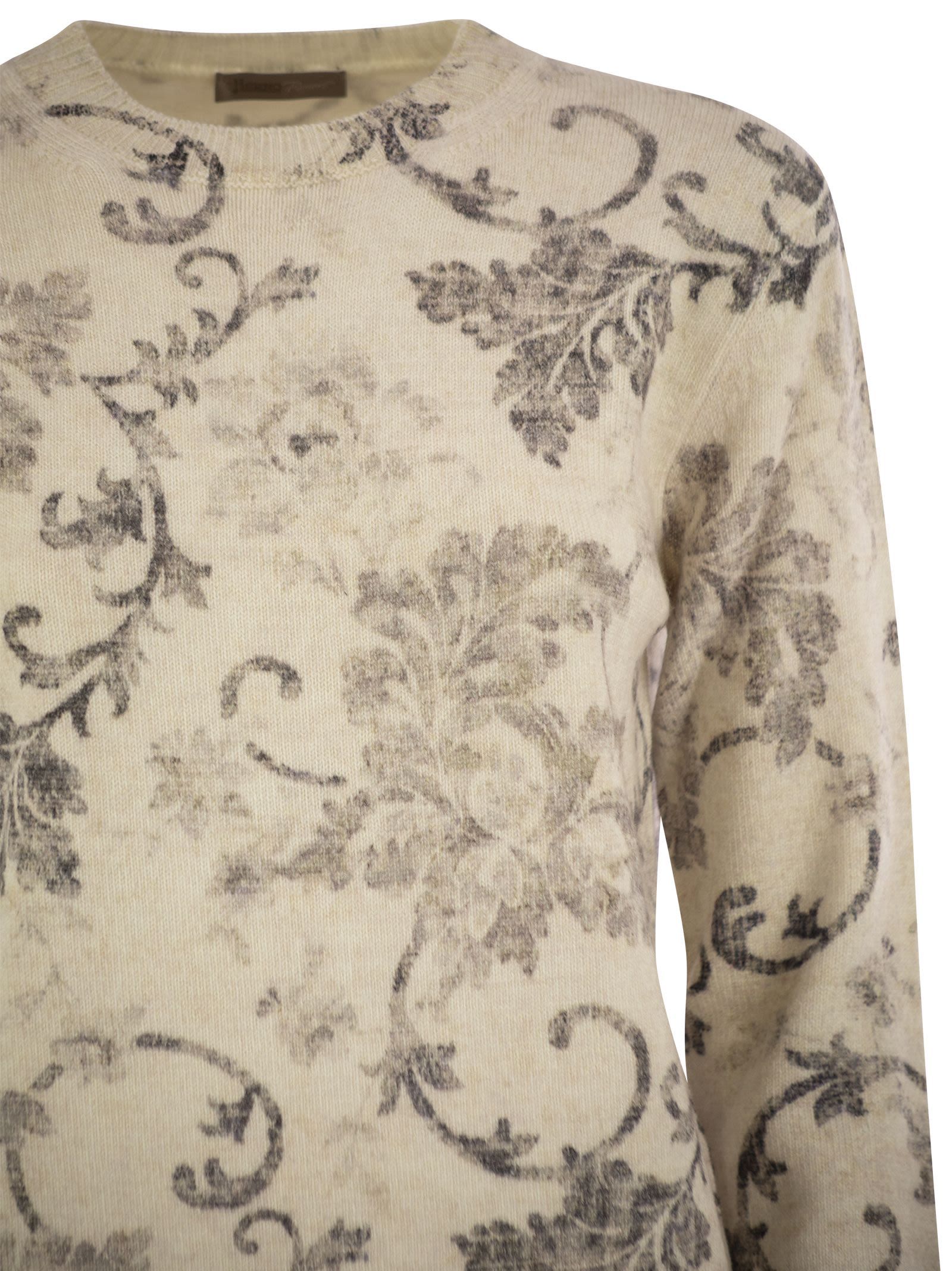 Herno Wool Jumper With Floral Pattern In Brown