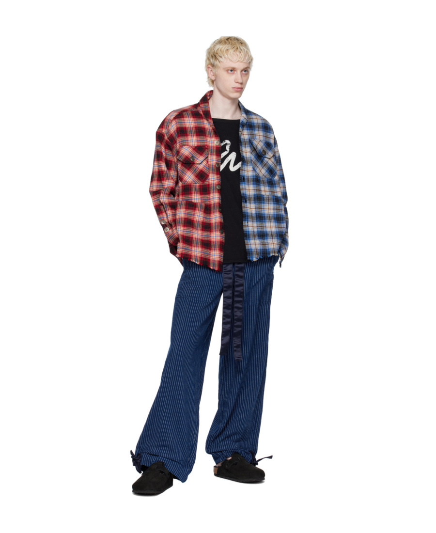 Greg Lauren Striped Drawstring Straight Trousers In Blue