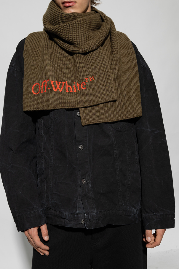 Off-white Virgin Wool Scarf With Embroidered Logo In Green