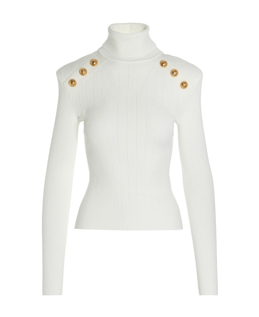 Balmain Embossed Button-detail Ribbed Jumper In White