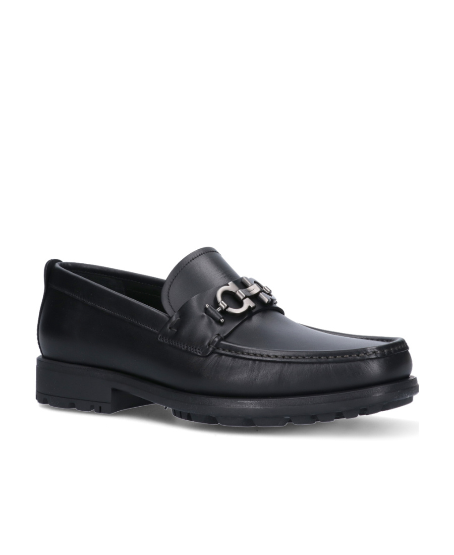 Ferragamo Leather David Loafer With Gancini Hook For Men In Black