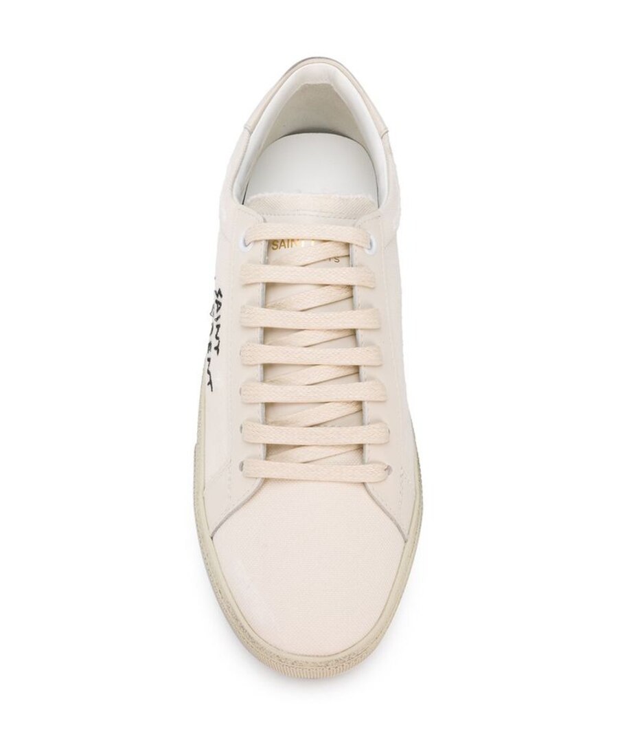 Saint Laurent Court Classic Distressed Logo-embroidered Canvas And Leather Sneakers In White