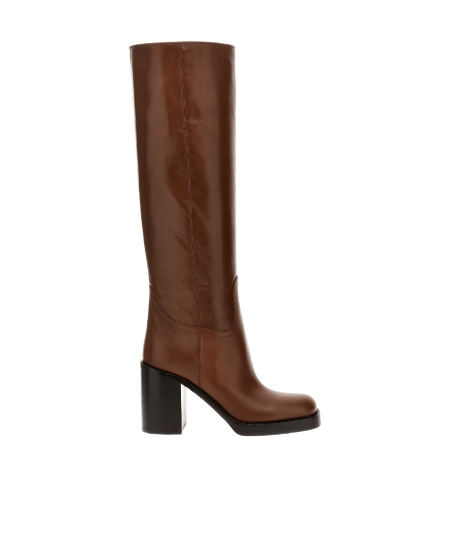 Prada Leather Knee-length Boots Block Heel In Brown