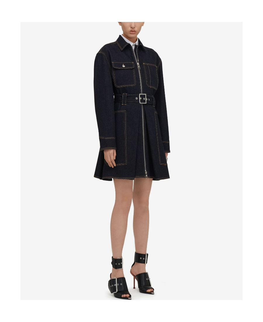 Alexander Mcqueen Zip-up Denim Shirt Dress In Blue