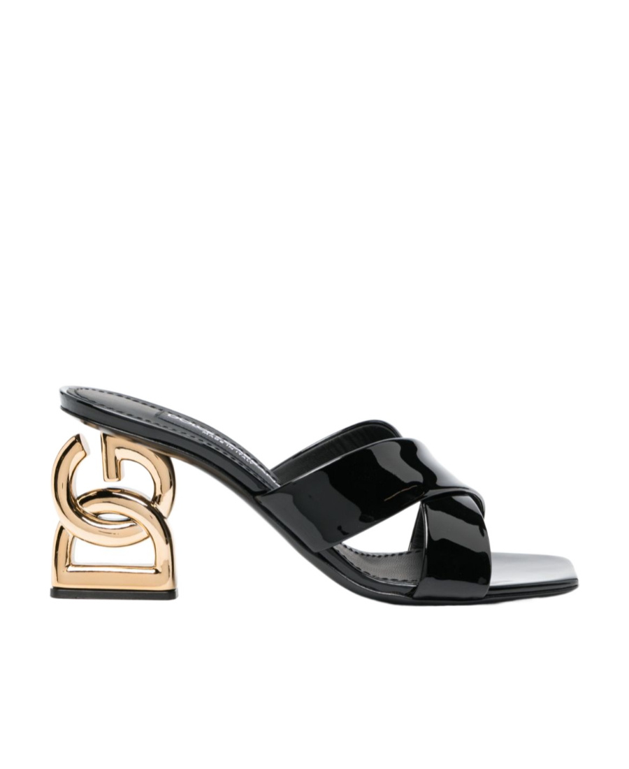 Dolce & Gabbana 75 Patent Leather Dg Heel Mules In Black