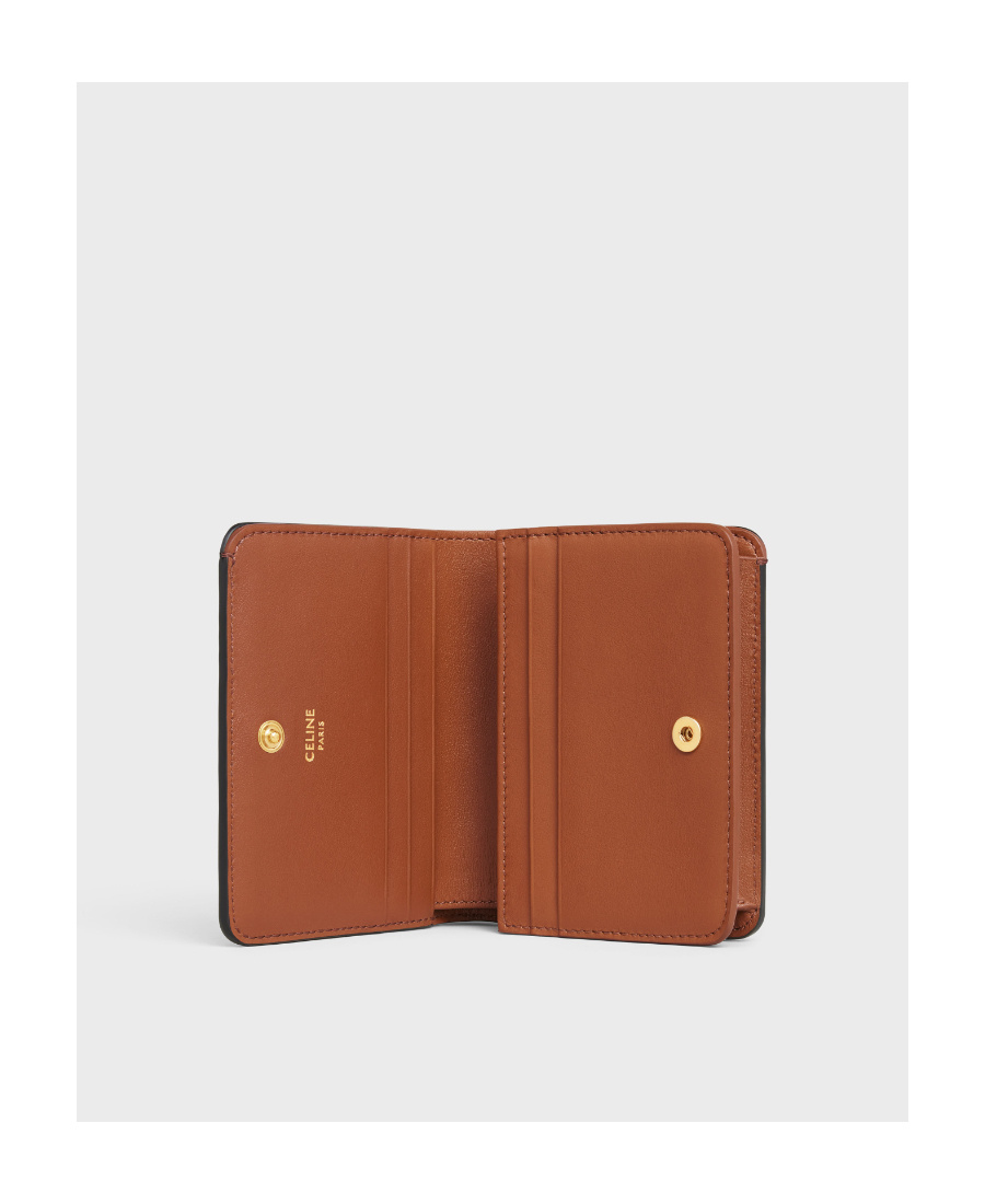 Celine Triomphe Small Wallet In Brown Canvas With Leather Trims For Women In Black