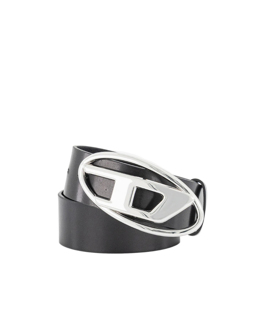 Diesel Black Leather Belt With Polished Oval Buckle