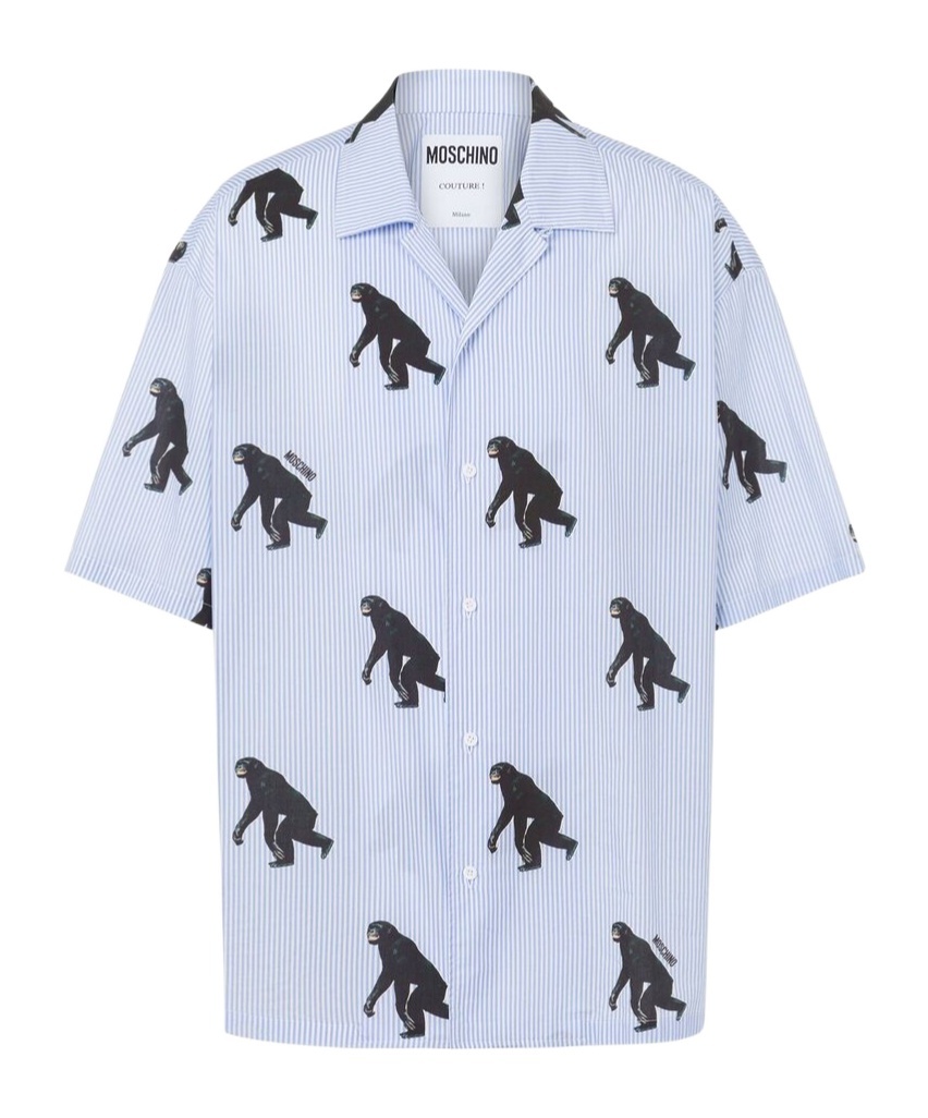 Moschino Poplin Shirt Allover Chimpanzee In Blue
