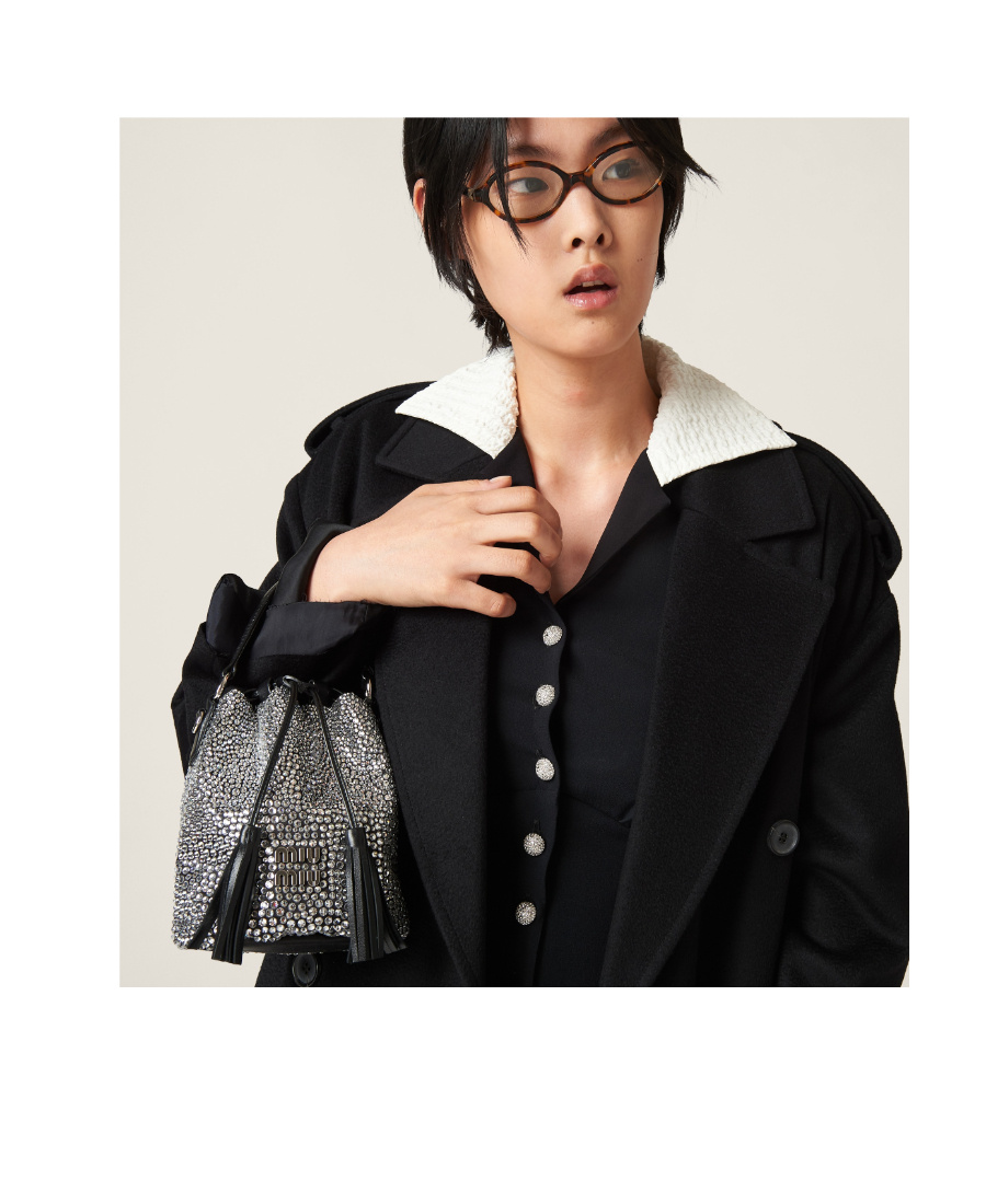 Miu Miu Silver Crystal-embellished Satin Bucket Bag In Black
