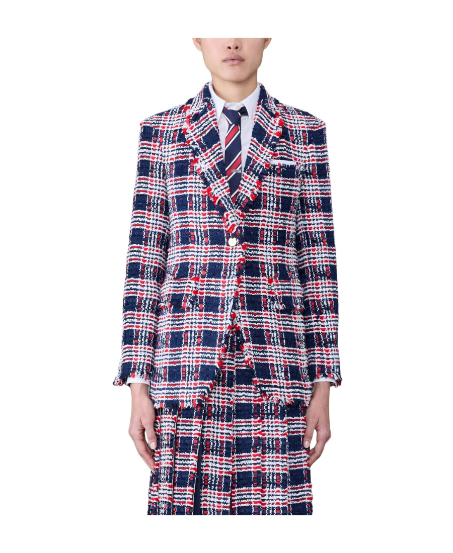 Thom Browne Frayed Single-breasted Tweed Blazer In Multicolor
