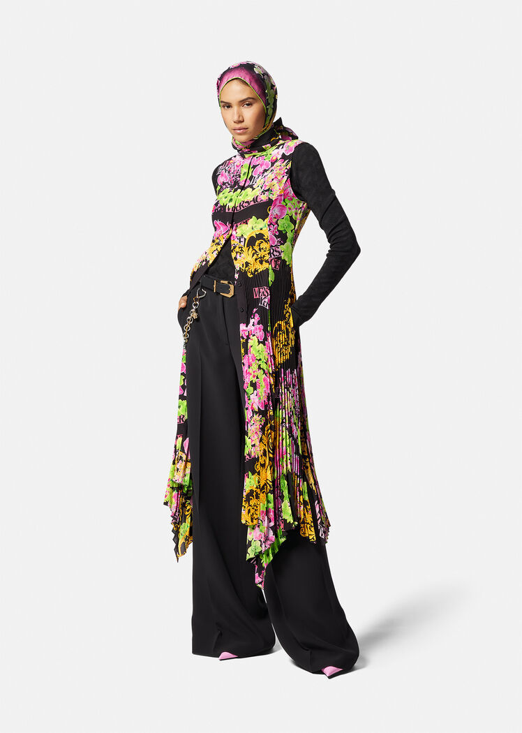 Versace Printed Plissé Crepe De Chine Midi Dress In Multicolor