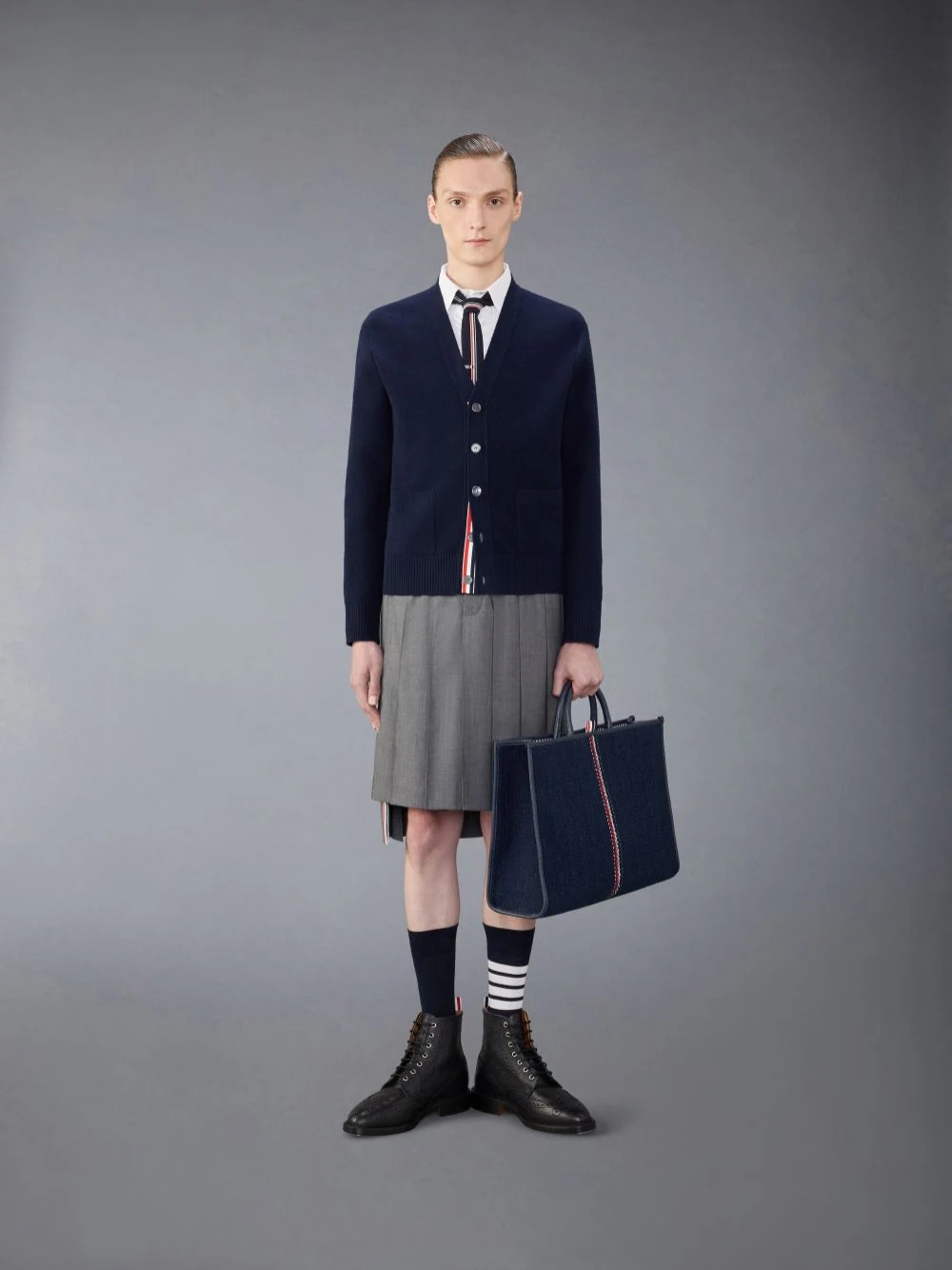 Thom Browne Navy Blue Wool Cardigan With Tricolour Insert Men In Black