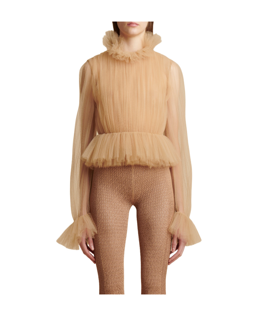 Khaite Long-sleeve Tulle Blouse In Nude
