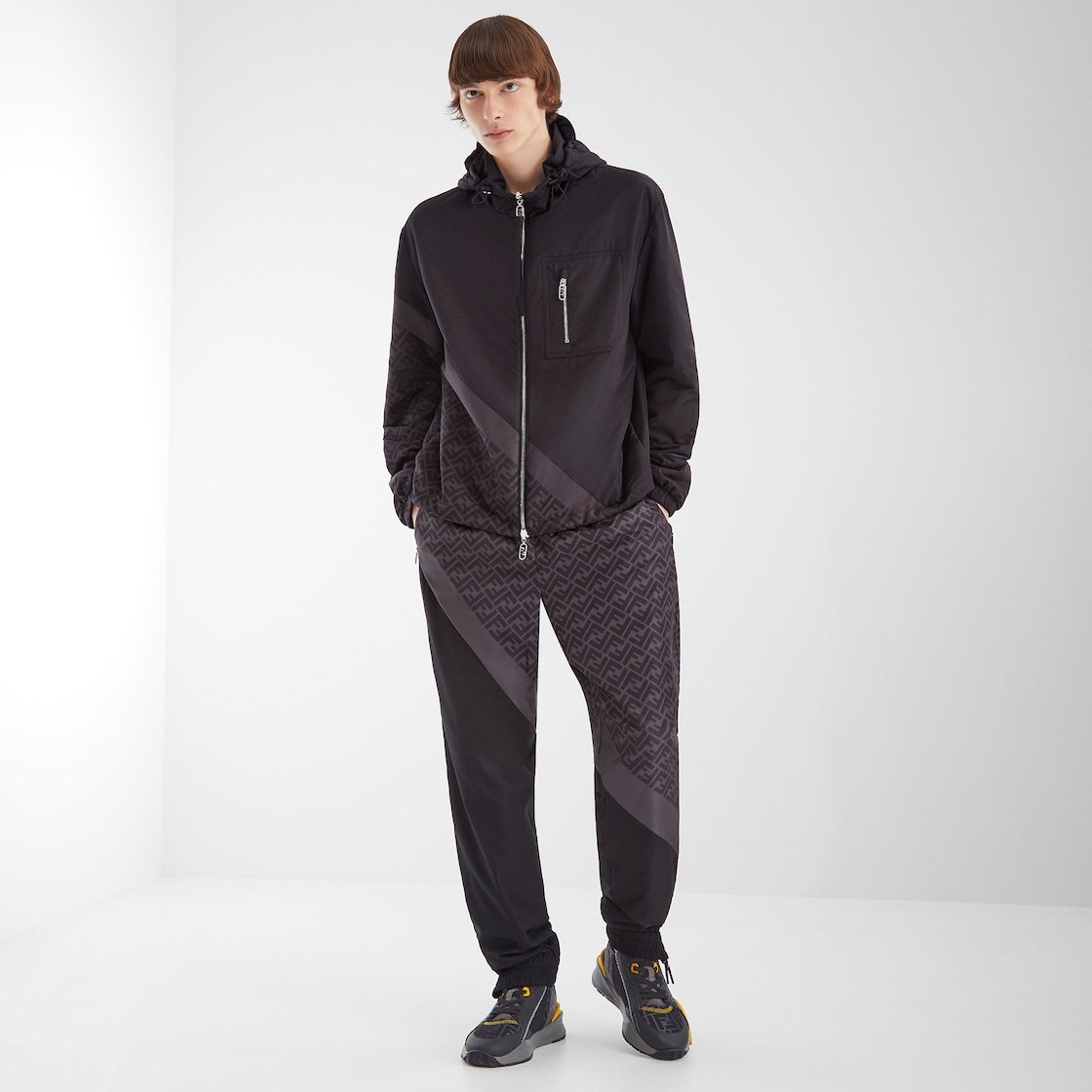 Fendi Ff-print Hooded Windbreaker In Black