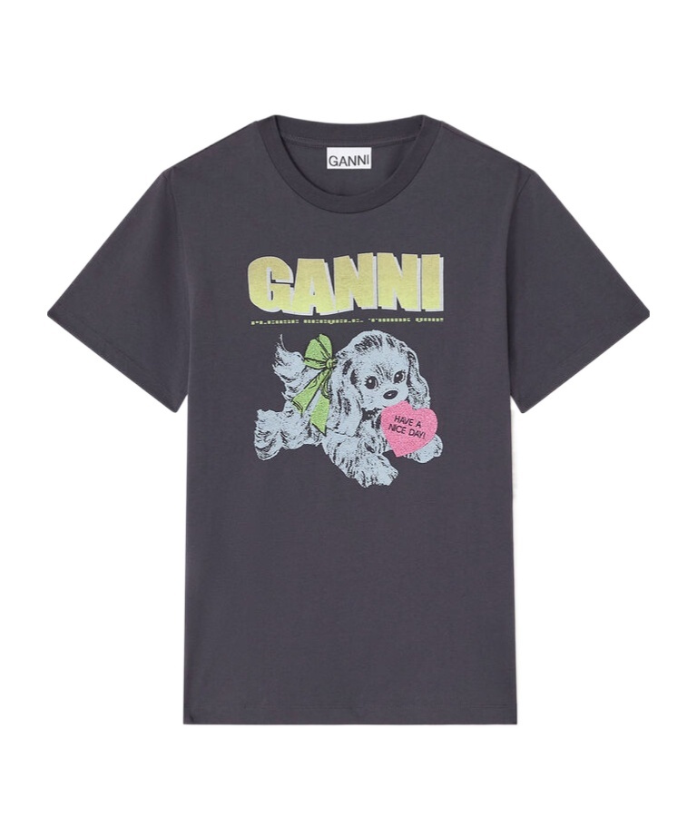 Ganni Puppy Dog-print Graphic T-shirt In Gray