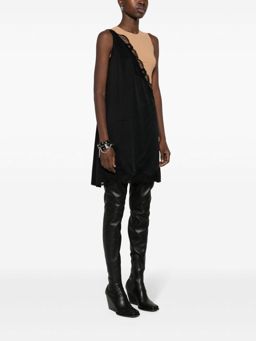 Mm6 Maison Margiela Asymmetrical Black Midi Dress With Lace Detailing In Black