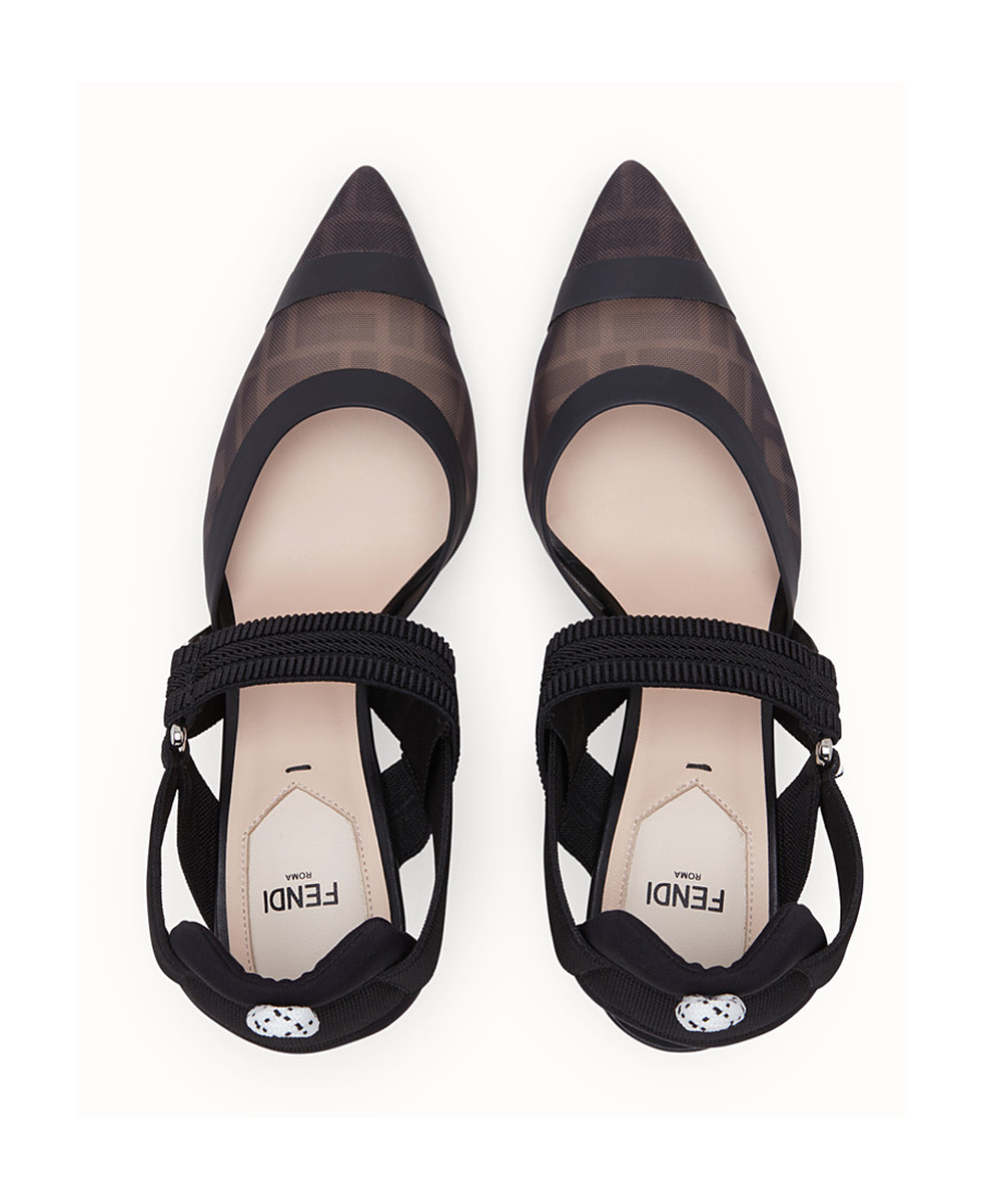 FENDI BLACK LEATHER AND MESH, HIGH-HEELED SLINGBACKS 