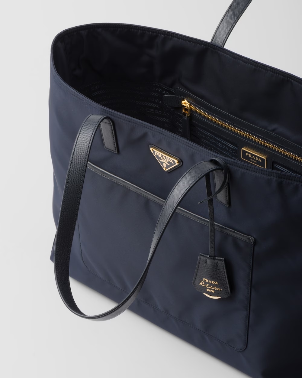Prada Large Re-edition 1978 Shopping Bag With Front Pocket In Blue