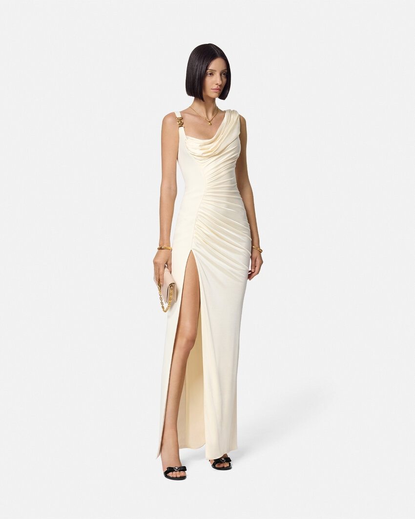 Versace Knee Length Dress Asymmetric Design In White