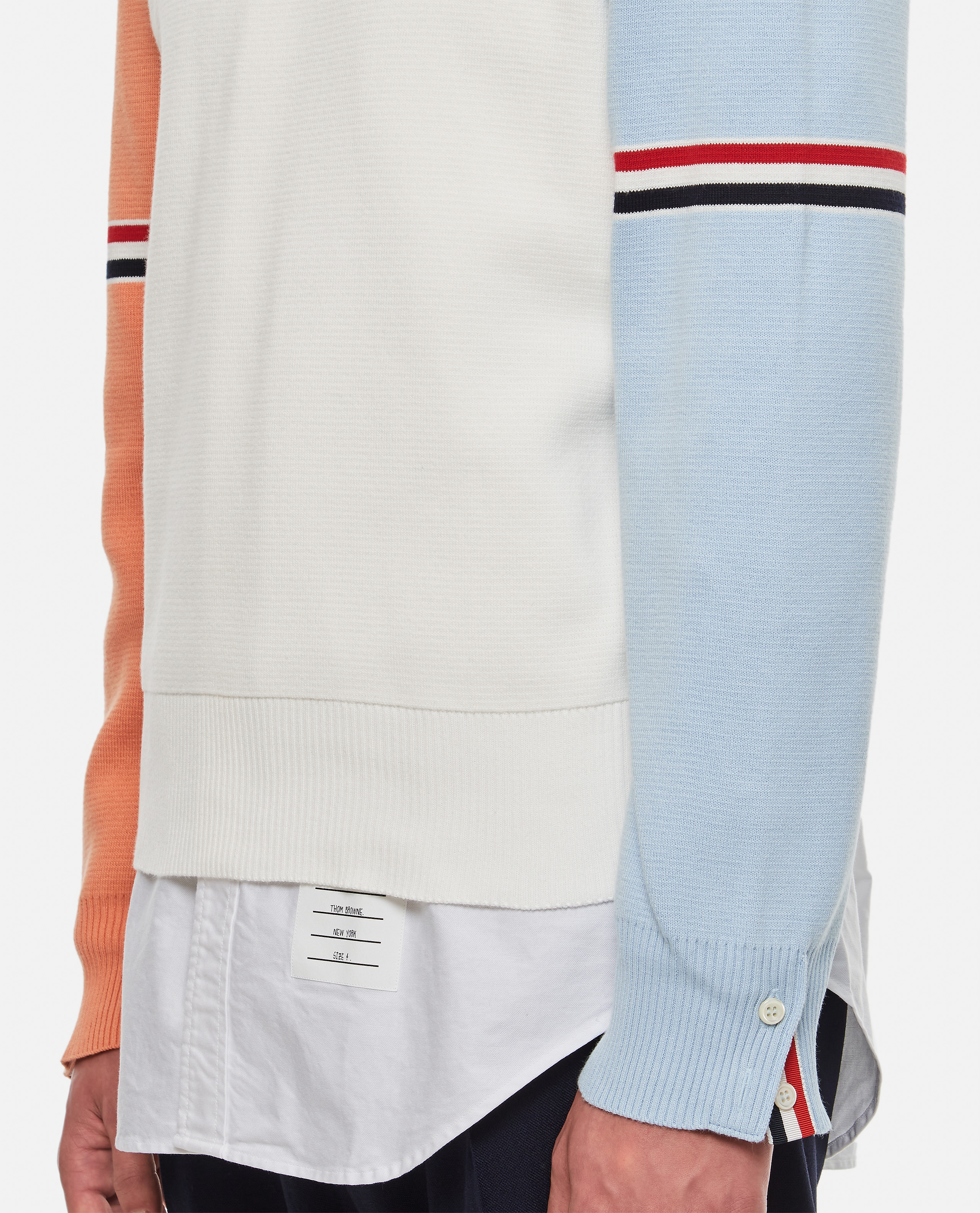 Thom Browne Color-block Crew Neck Sweater With Striped Detail In White