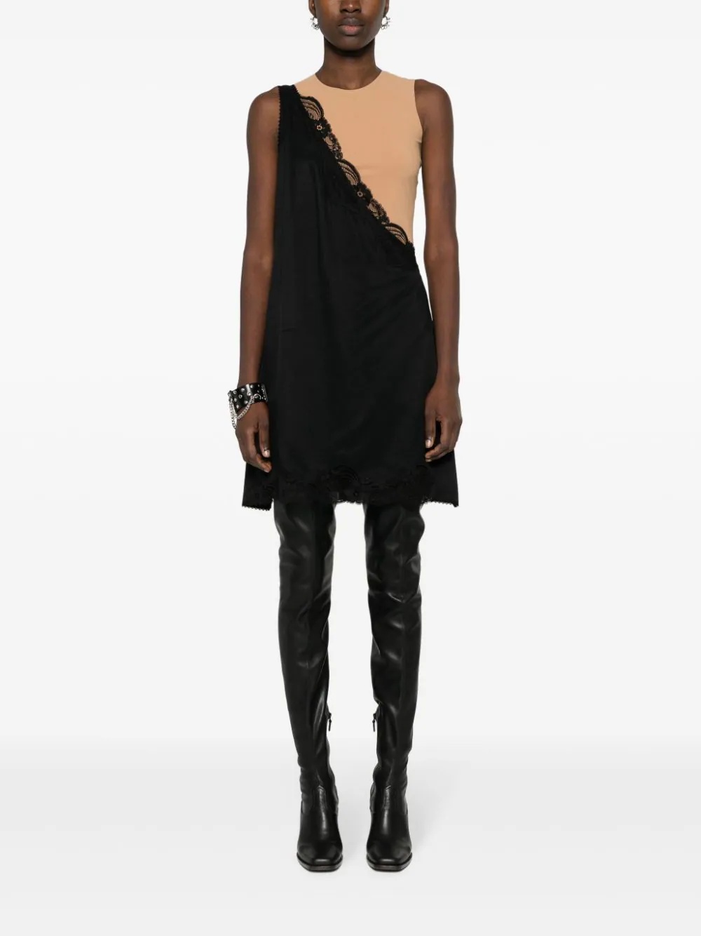 Mm6 Maison Margiela Asymmetrical Black Midi Dress With Lace Detailing In Black