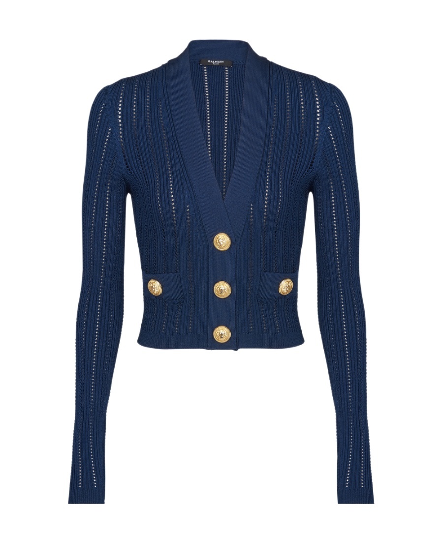 Balmain Ladies Marine Cropped Knit Cardigan In Blue