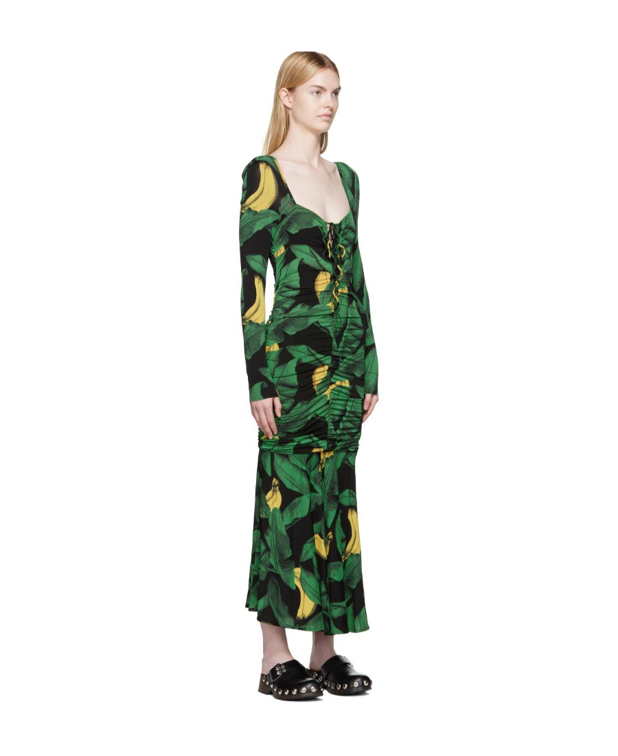 Ganni Palm Print Long Sleeve Gathered Jersey Dress In Green