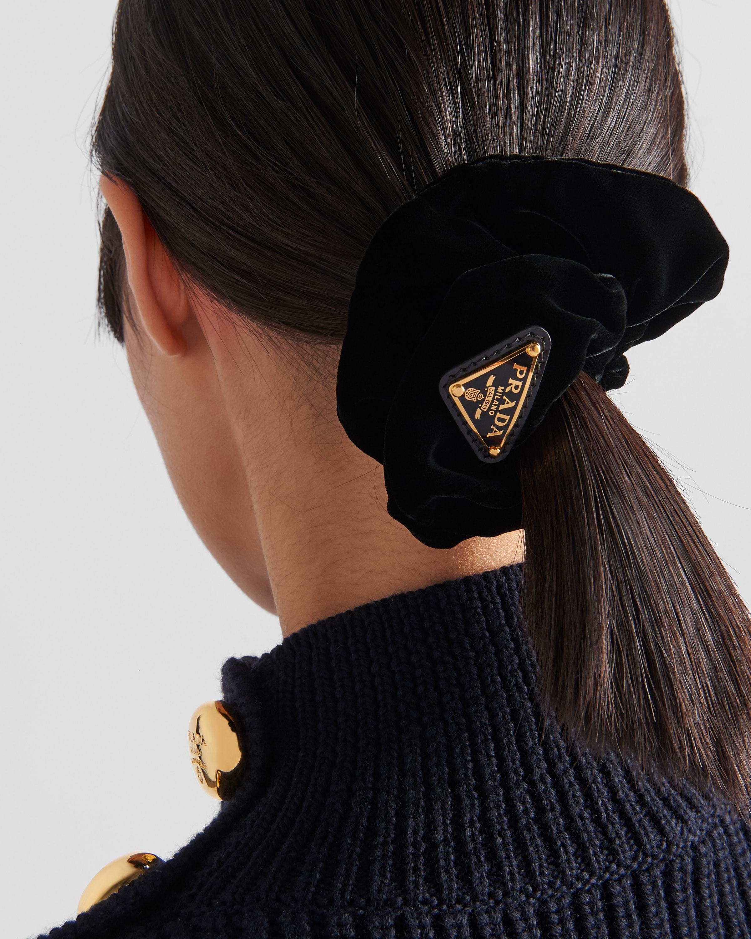 Prada Gathered Black Scrunchie With Triangular Logo Patch In Black
