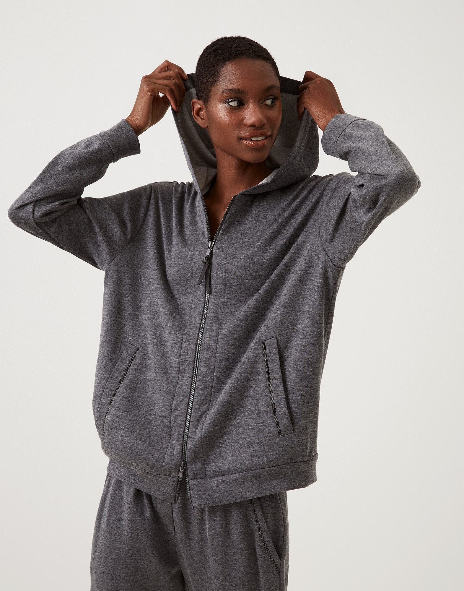 Brunello Cucinelli Women Cotton-silk Sweatshirt Topwear With Jewellery In Gray