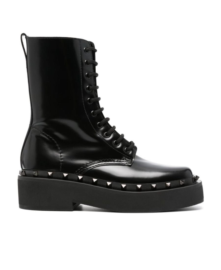 Valentino Rockstud-embellished Leather Lace-up Boots In Black