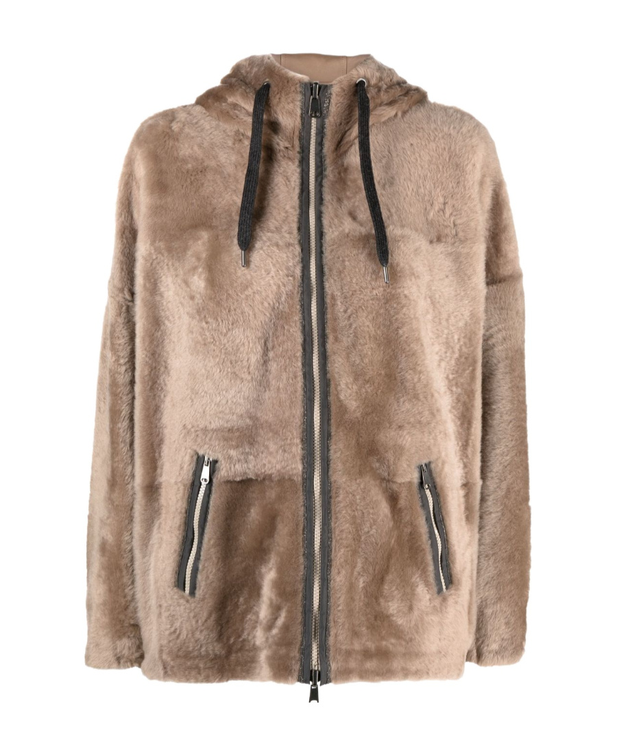 Brunello Cucinelli Anorak Hooded Shearling Reversible Coat With Monili Trim In Nude