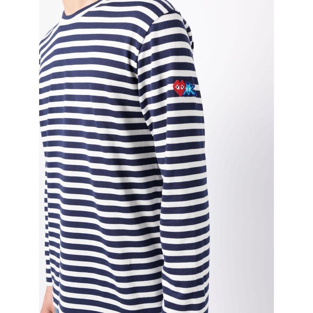 Comme Des Garçons Play X The Artist Invader Pixelated-appliqué Striped T-shirt In Blue