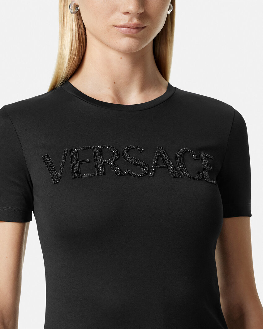 Versace Crystal Logo Crew Neck Top In Black