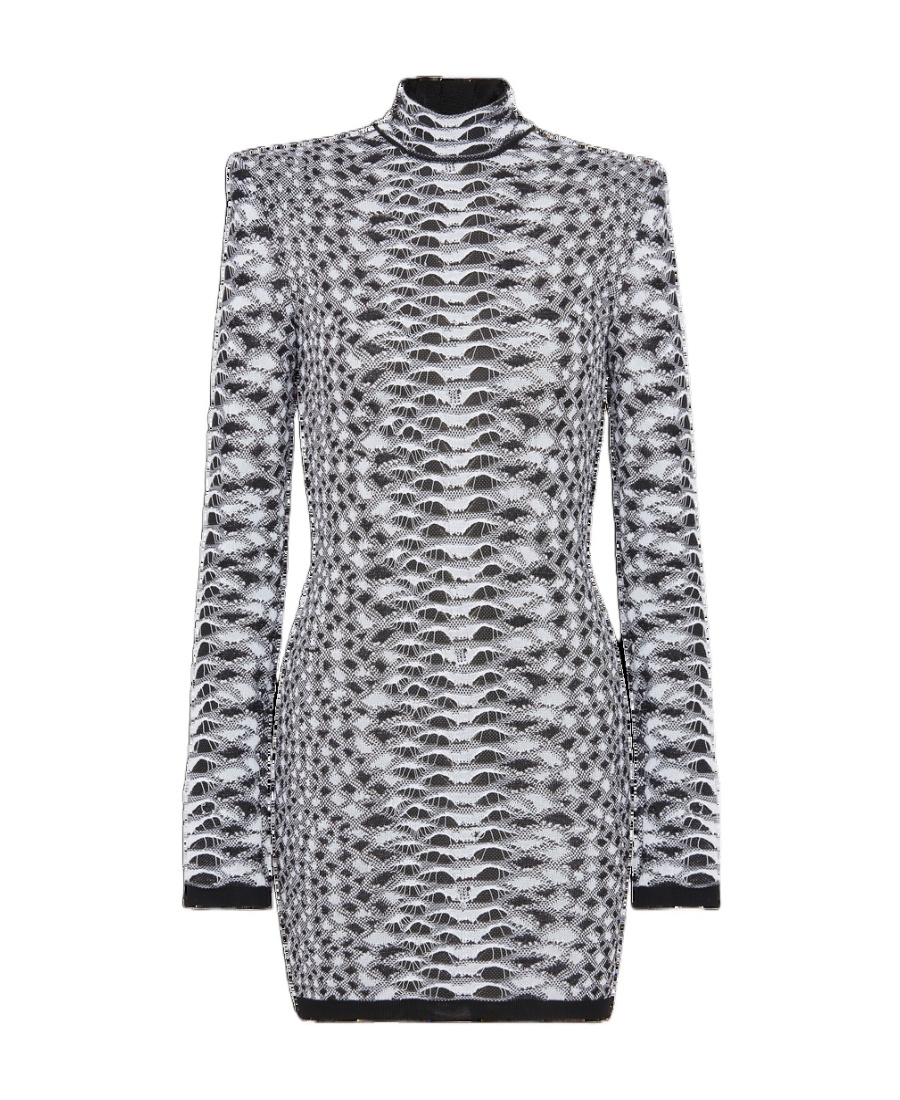 Balmain Long Sleeved Bodycon Dress With Jacquard Animalier Motif In Gray