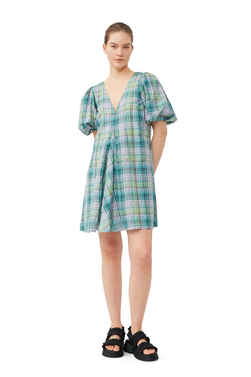 【送料関税込】GANNI Seersucker Check V-Neck Mini Dress Ganni Short Sleeve Seersucker Check V-neck Mini Dress In