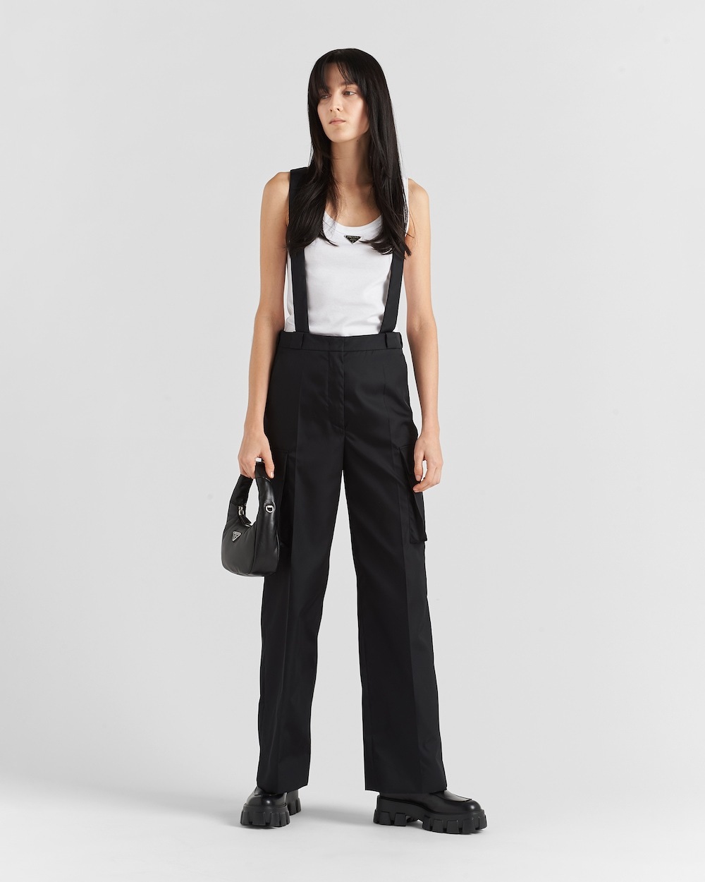 Prada Enamel Triangle-logo Leather Shoulder Bag In Black