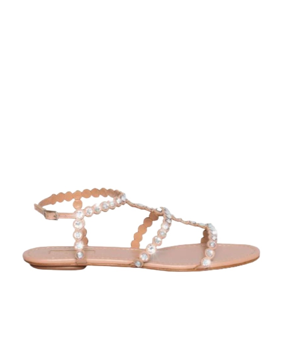 Aquazzura Tequila Crystal-embellished Metallic Leather Sandals In Nude