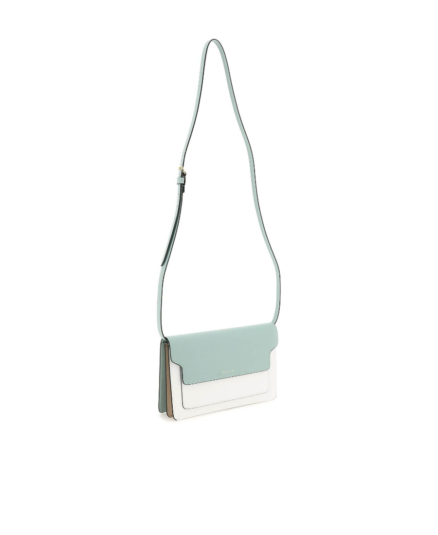 MARNI TRUNK CLUTCH IN LIGHT GREEN WHITE AND BROWN SAFFIANO LEATHER