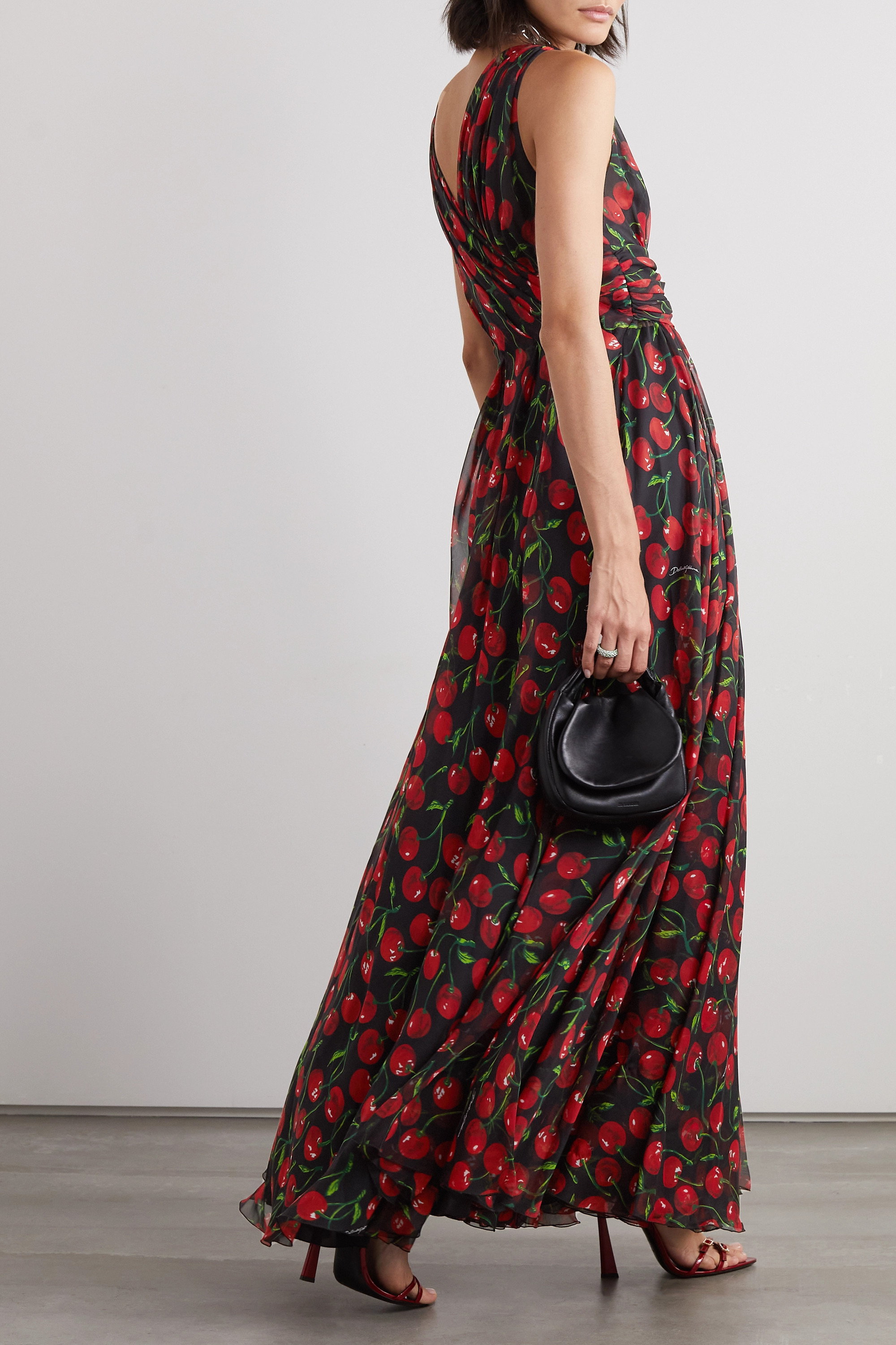 Dolce & Gabbana Long Cherry-print Chiffon Dress In Black