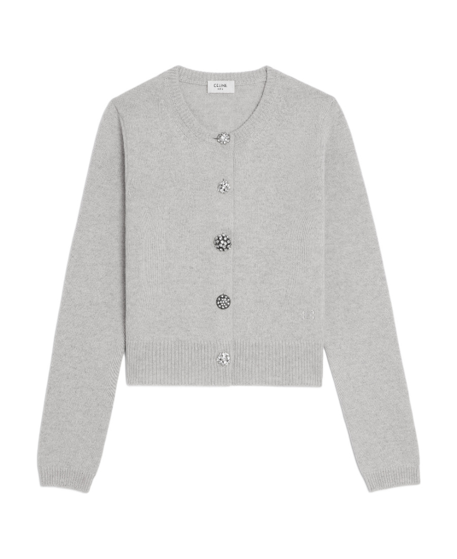 Celine Round Neck Cashmere Knitted Cardigan In Gray
