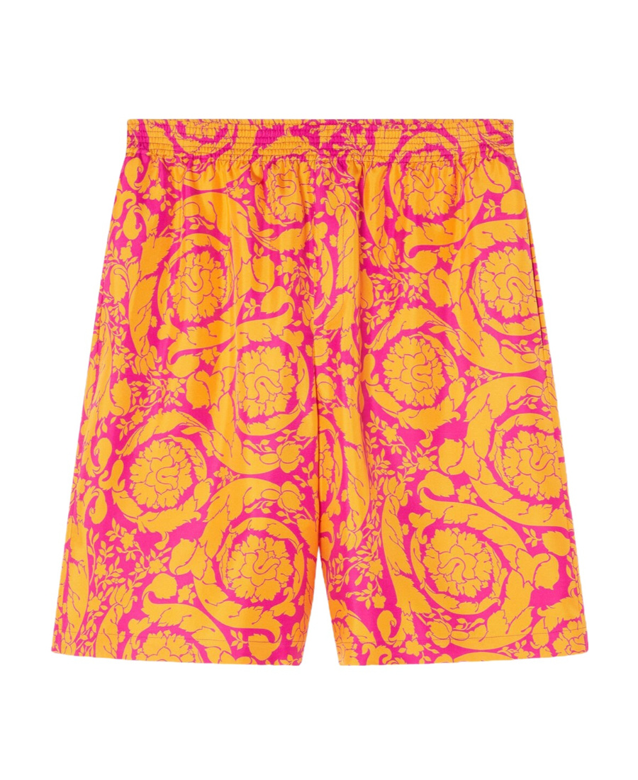 Versace Barocco Silhouette-print Silk Shorts In Yellow