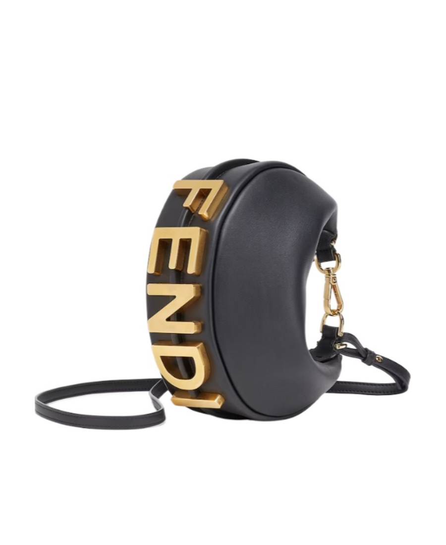 Fendi Hobo Graphy Black Leather Handbag With Metal Logo Woman In Black