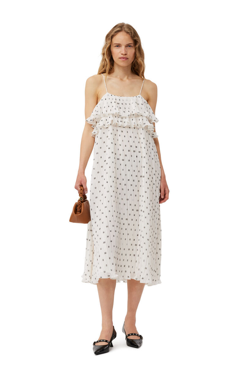Ganni Gestuftes Midikleid Aus Bedrucktem Georgette In White