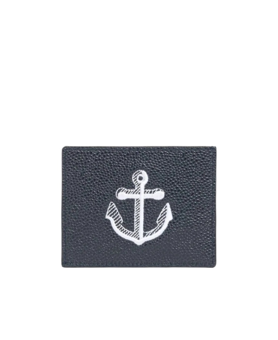 Thom Browne Anchor-embroidered Leather Cardholder In Gray