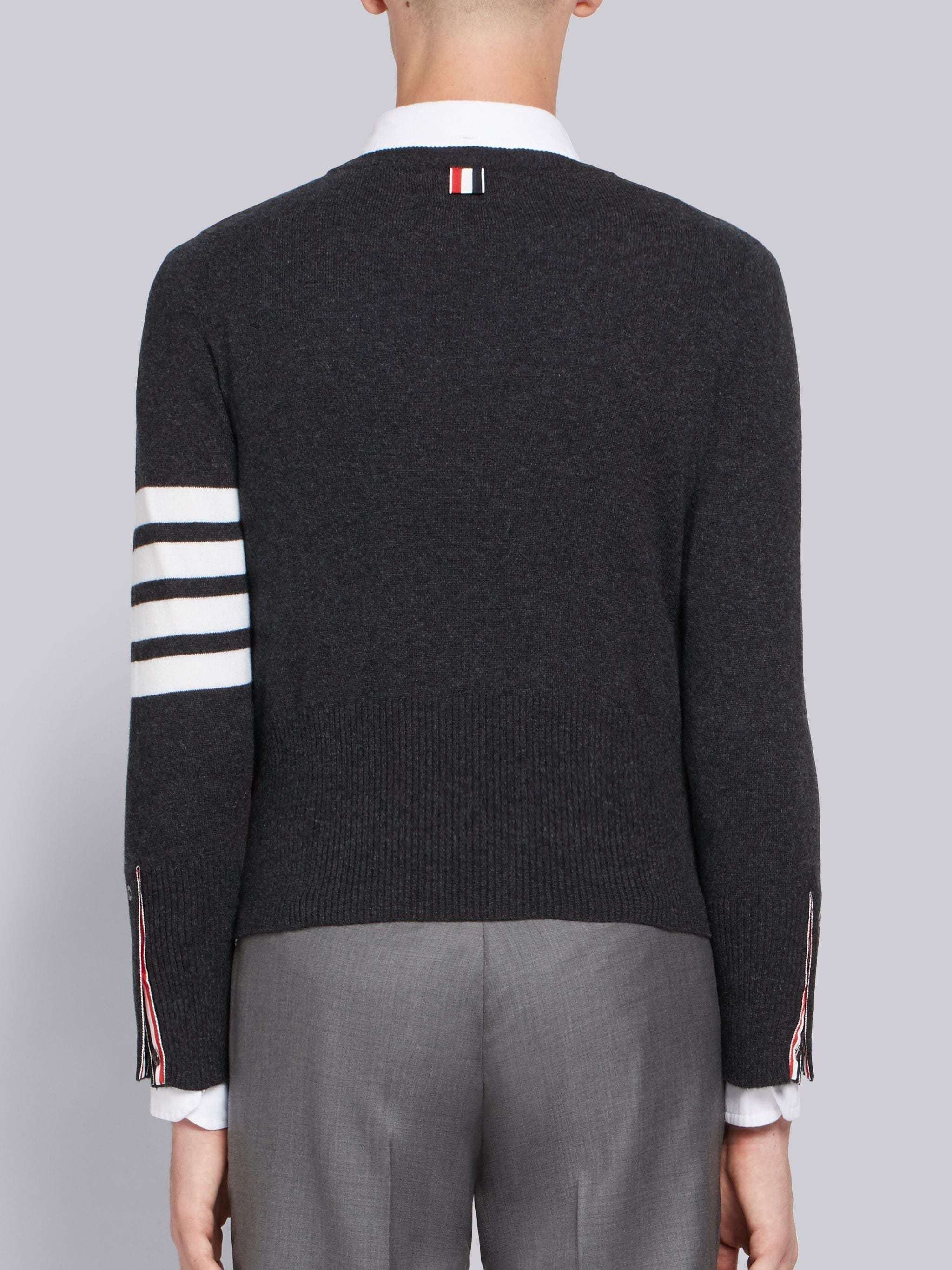 Thom Browne Ribbed Hem Crewneck Striped Sleeve Button Cuffs In Black