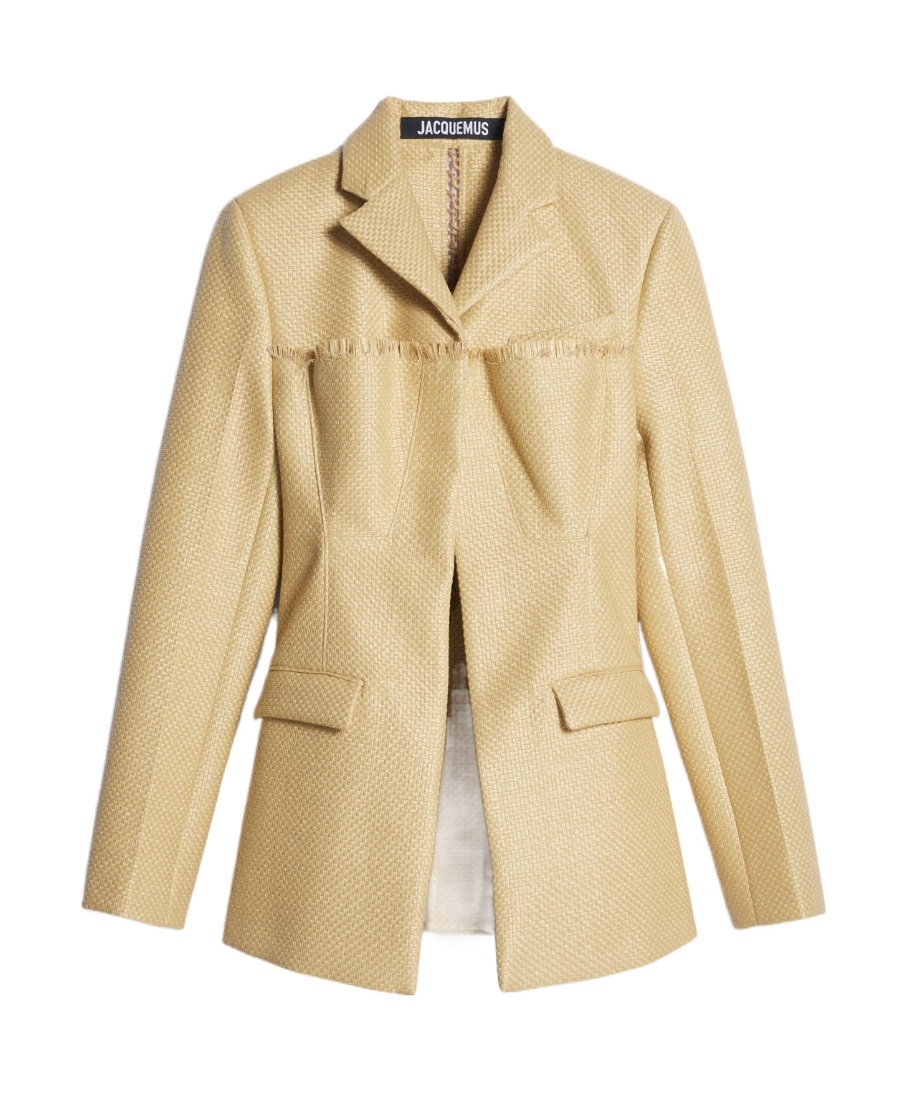 Jacquemus Palha Embellished Frayed Woven Canvas Blazer In Nude