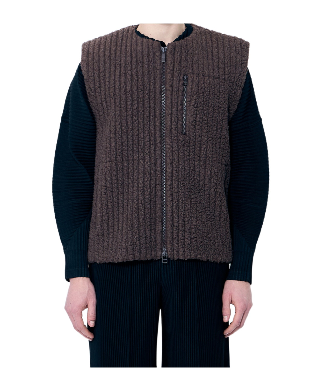 Shop Issey Miyake Fleeced Pleats Gilet In Brown