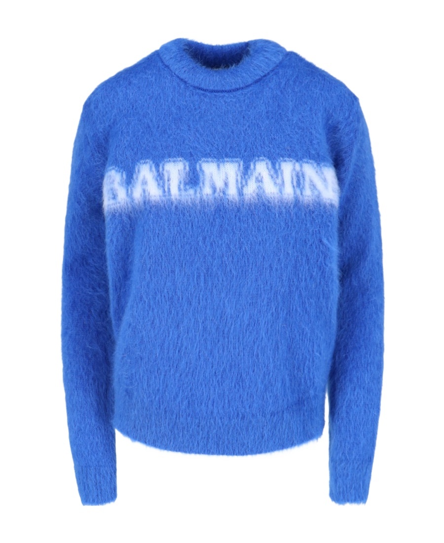 Balmain Logo Jacquard Crewneck Knitted Jumper In Blue