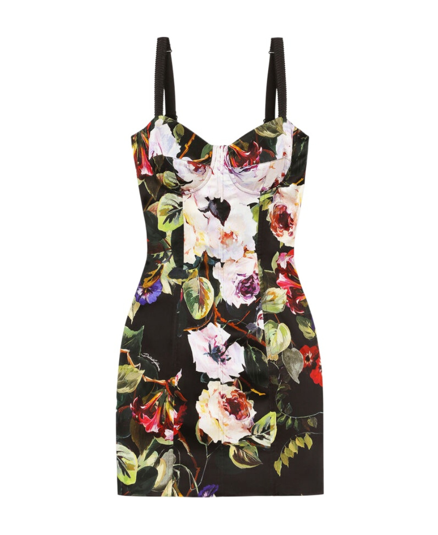 DOLCE & GABBANA DOLCE  GABBANA ROSE GARDEN PRINTED SHORT SATIN CORSET DRESS